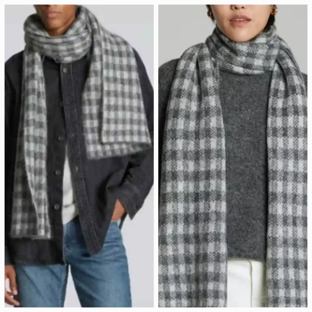 EVERLANE Unisex Oversized Cozy Alpaca Wool Gray Checkered Scarf New Tags 84X16